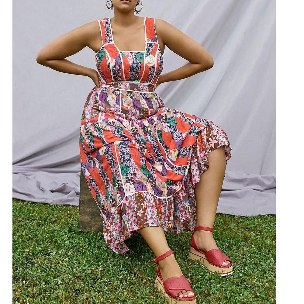 Anthropologie square Neck Patchwork Floral Tiered Maxi‎ Dress Boho Eclectic Farm